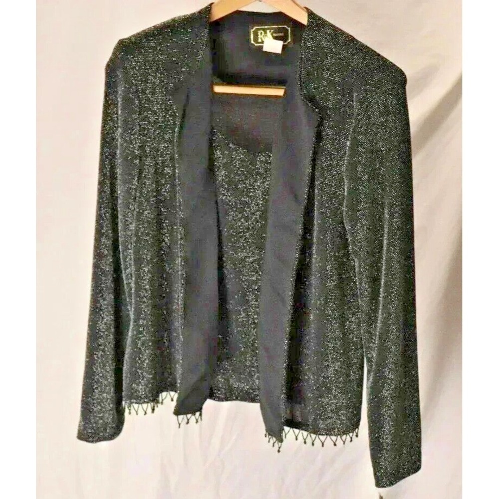 R&K Evening tank jacket  nwt Womens 8 Black Silver‎ Good Metallic Beaded Fringe